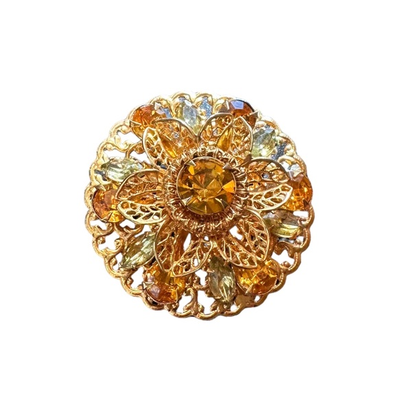 Vintage Mid Century Amber Light Green Prong Set Rhinestone Brooch - Picture 1 of 4